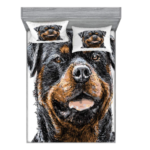 Decorative Printed 3 Piece Bedding Set, Queen, Brown Grey, Ambesonne Rottweiler Fitted Sheet & Pillow Sham Set, Hand Drawn Image of Dog Type Realistic and Furry.